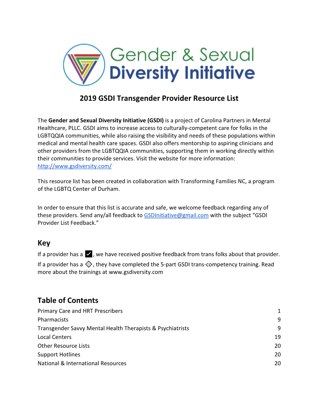 2019 GSDI Transgender Provider Resource List Key Table of Contents