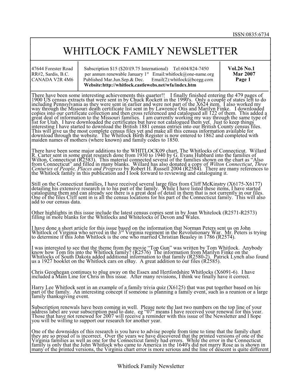 Whitlock Family Newsletter