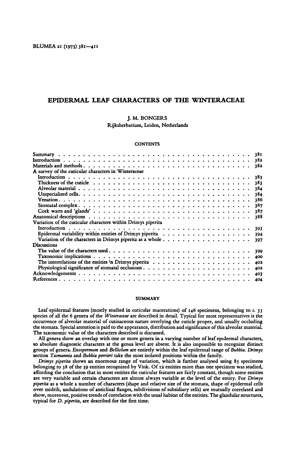 Glands' 387 Anatomical Descriptions 388 Variation of the Cuticular Characters Within Drimys Piperita