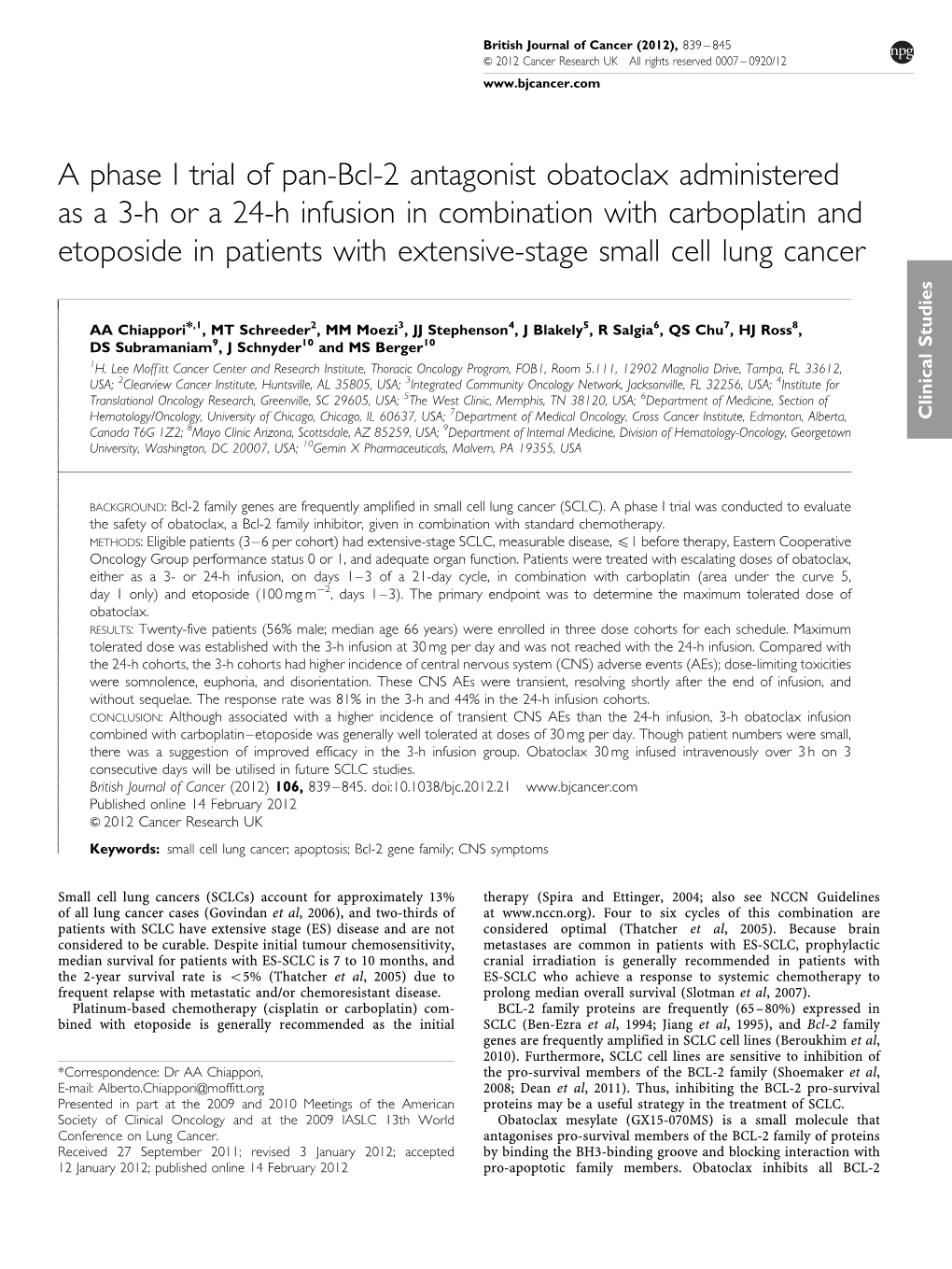 A Phase I Trial of Pan-Bcl-2 Antagonist Obatoclax Administered As a 3-H Or