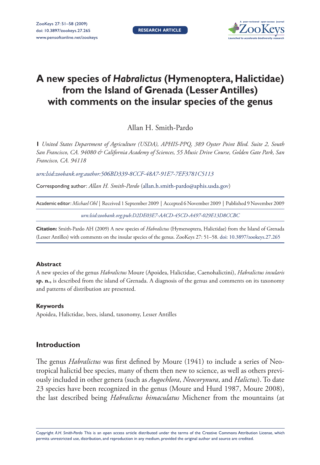 A New Species of Habralictus (Hymenoptera, Halictidae) from the Island of Grenada (Lesser Antilles) with Comments on the Insular Species of the Genus