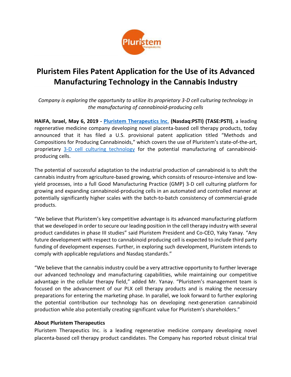 Pluristem Files Patent Application for the Use of Its Advanced Manufacturing Technology in the Cannabis Industry