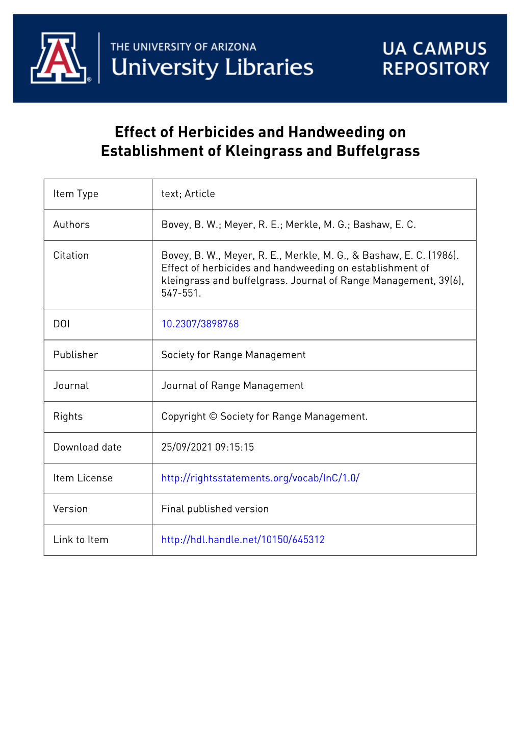 Effect of Herbicides and Handweeding on Establishment of Kleingrass and Buffelgrass