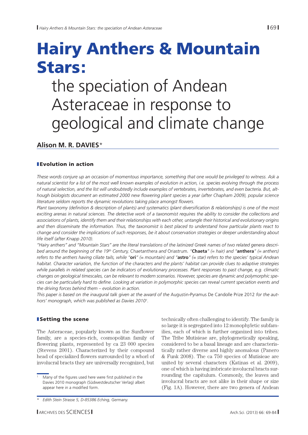 Hairy Anthers & Mountain Stars : the Speciation of Andean Asteraceae In