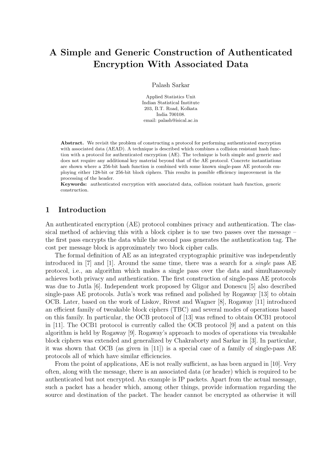 A Simple and Generic Construction of Authenticated Encryption with Associated Data