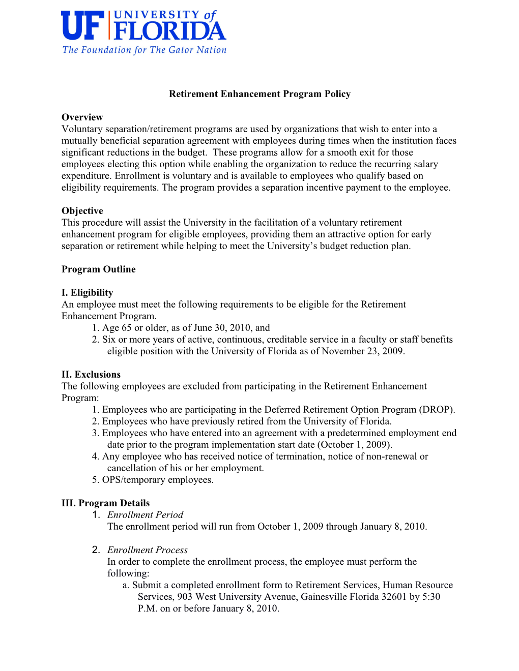 Retirement Enhancement Program Policy