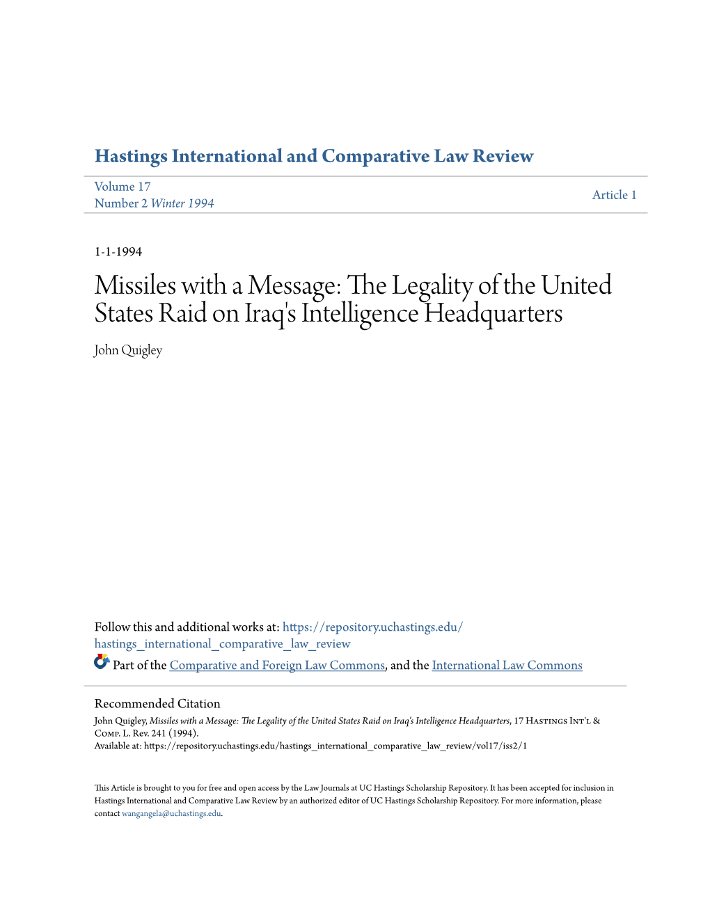 The Legality of the United States Raid on Iraq's Intelligence Headquarters John Quigley