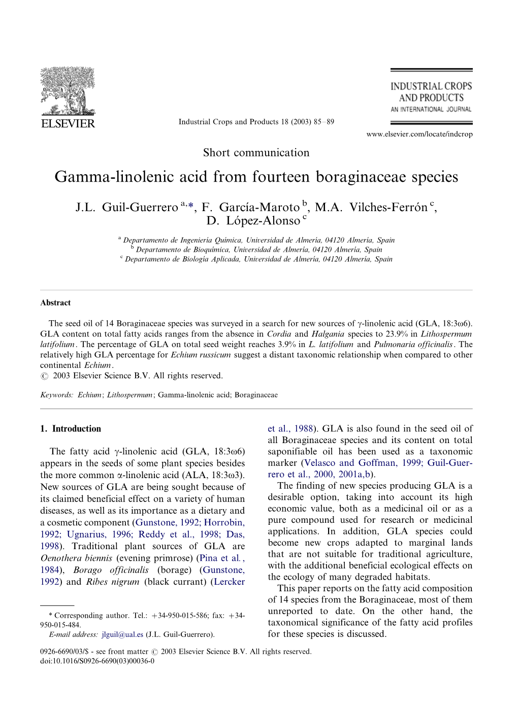 Gamma-Linolenic Acid from Fourteen Boraginaceae Species