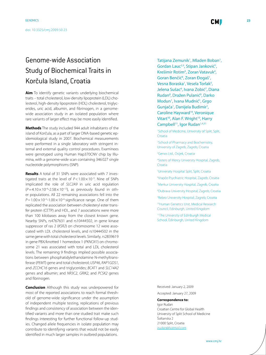 Genome-Wide Association Study of Biochemical Traits in Korčula Island