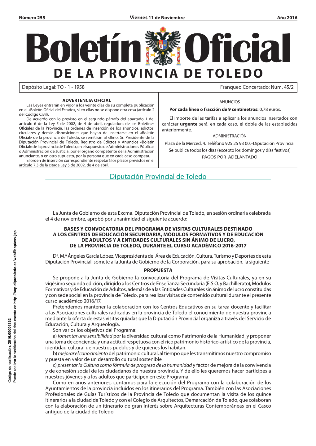 DE LA PROVINCIA DE TOLEDO Depósito Legal: to - 1 - 1958 Franqueo Concertado: Núm
