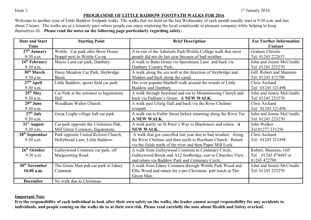 Programme of Little Baddow Footpath Walks for 2004