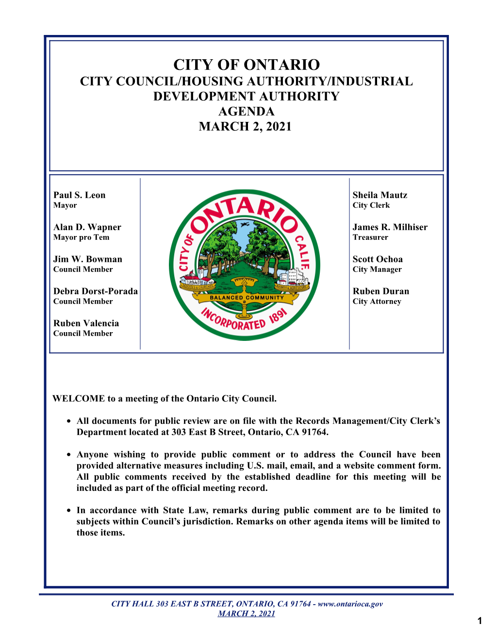 City of Ontario City Council/Housing Authority/Industrial Development Authority Agenda March 2, 2021