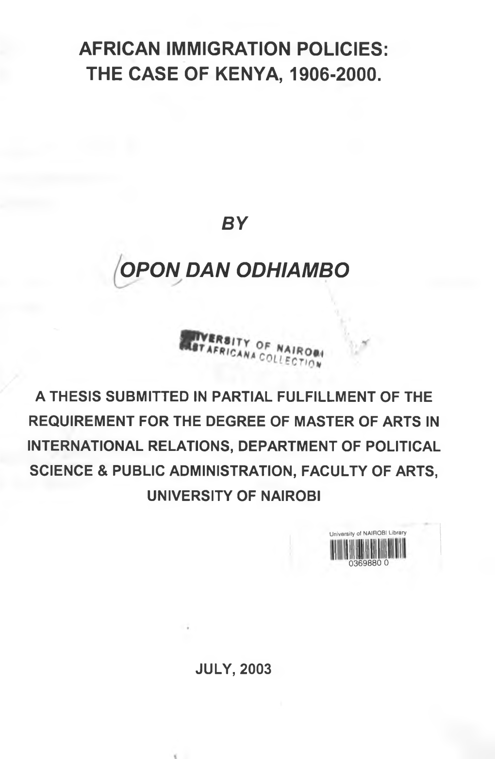 African Immigration Policies: the Case of Kenya, 1906-2000