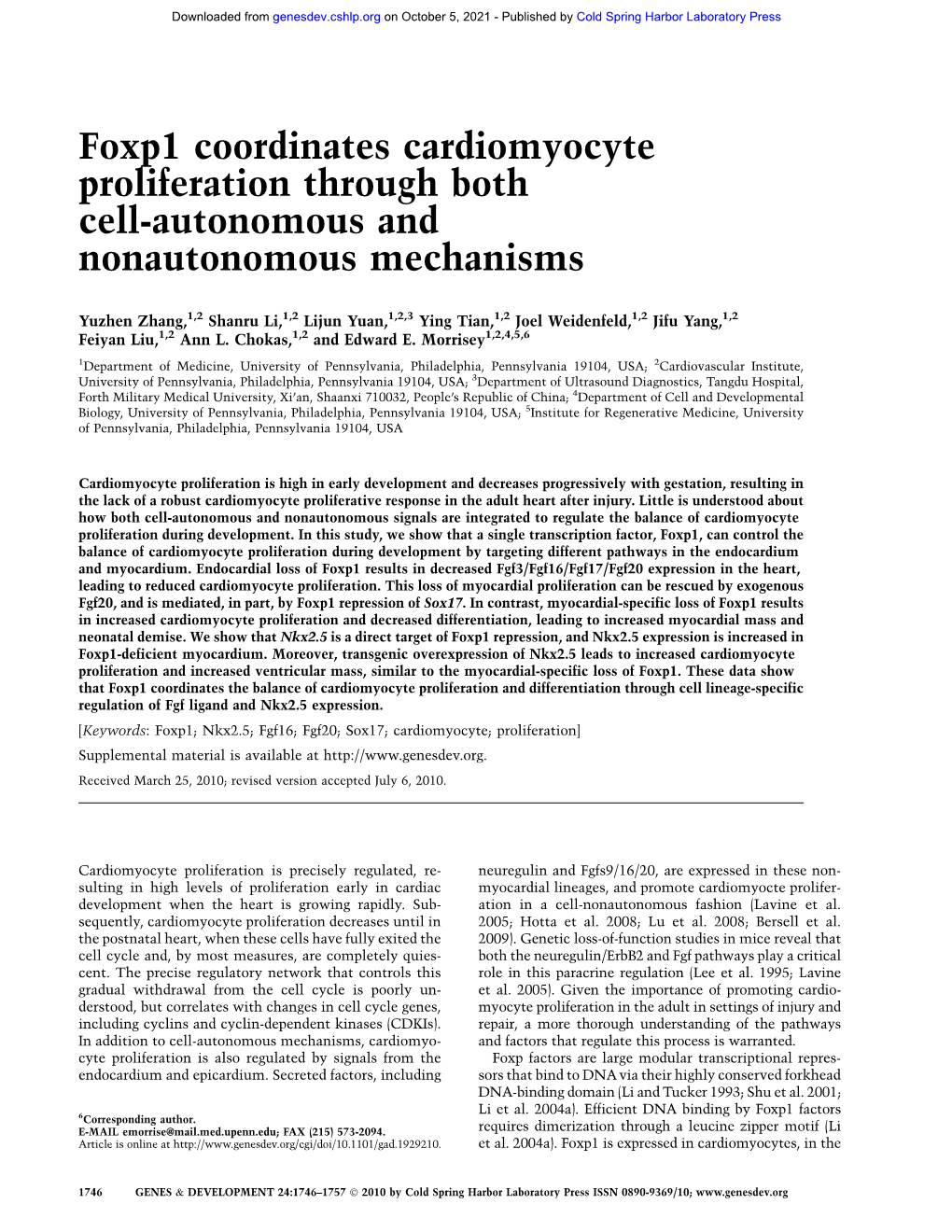 Foxp1 Coordinates Cardiomyocyte Proliferation Through Both Cell-Autonomous and Nonautonomous Mechanisms