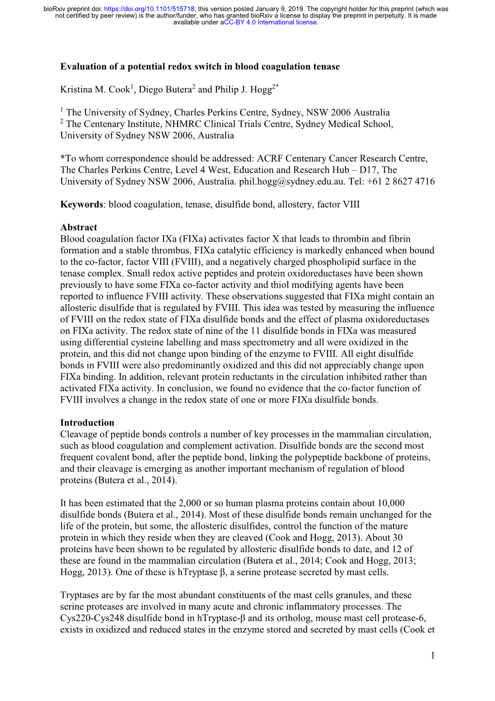 Evaluation of a Potential Redox Switch in Blood Coagulation Tenase