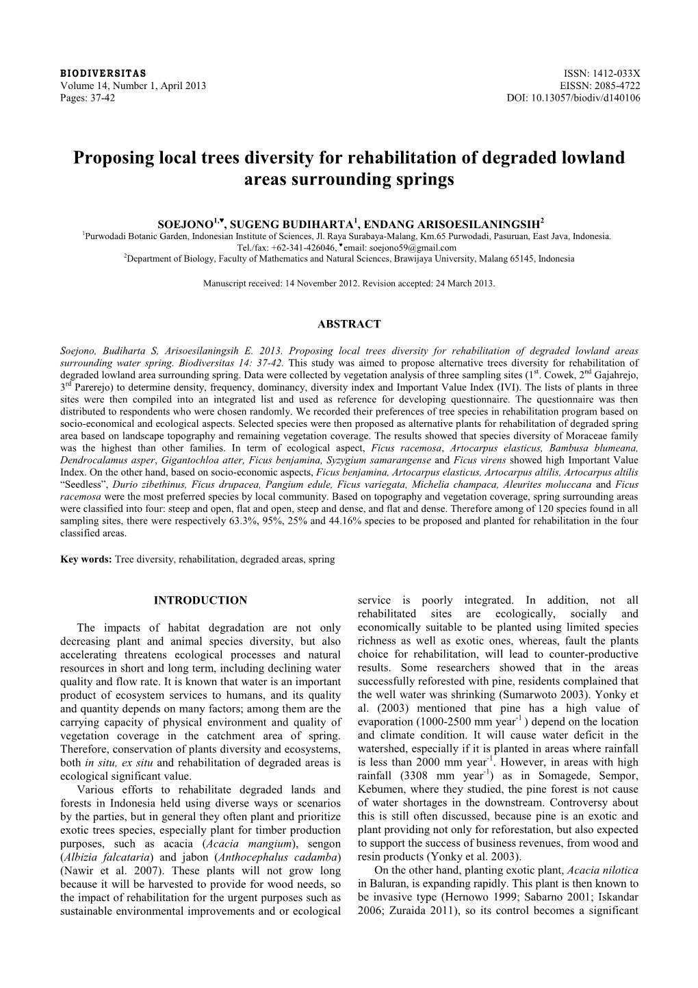 Proposing Local Trees Diversity for Rehabilitation of Degraded Lowland Areas Surrounding Springs