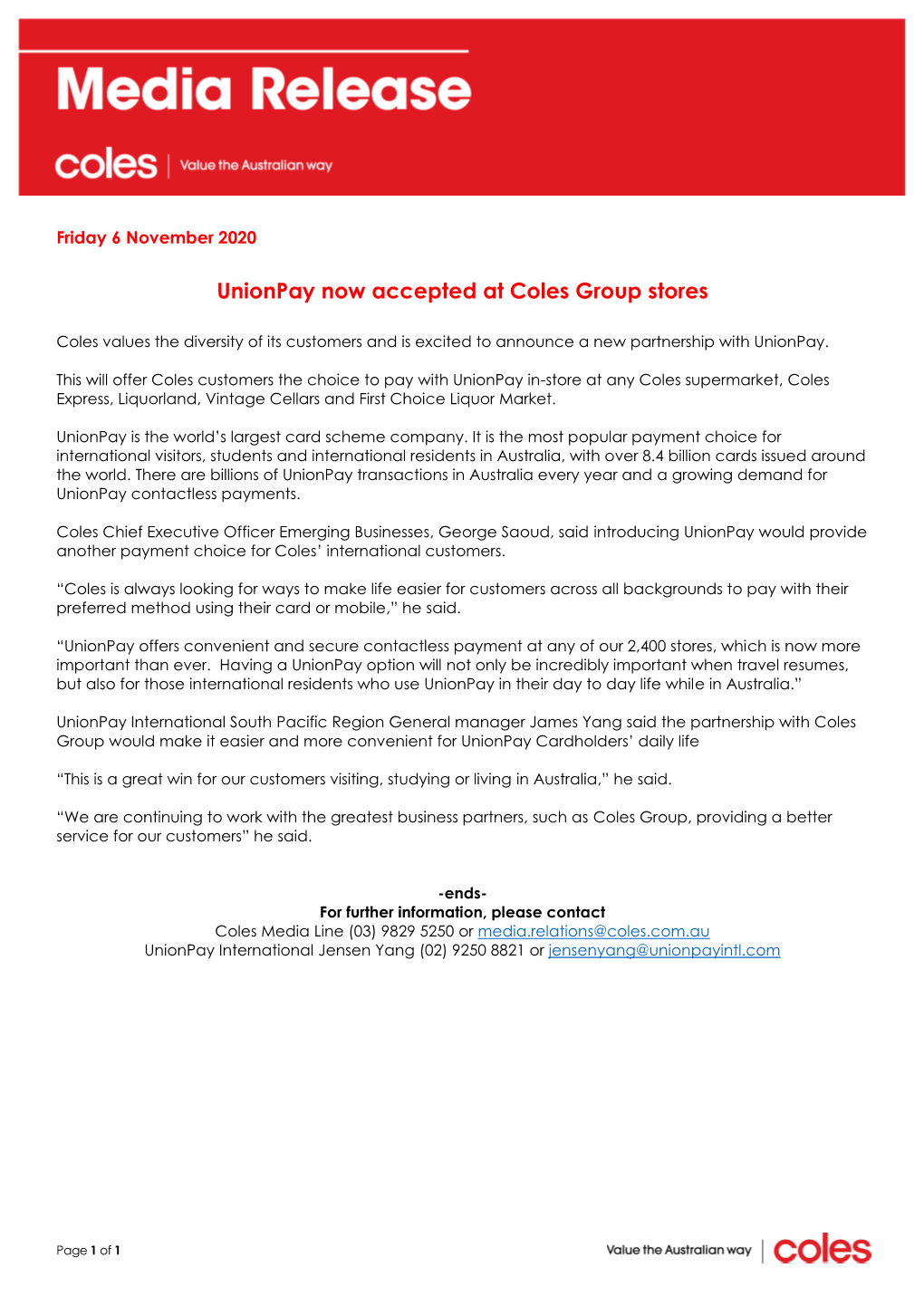 Unionpay Now Accepted at Coles Group Stores.Pdf