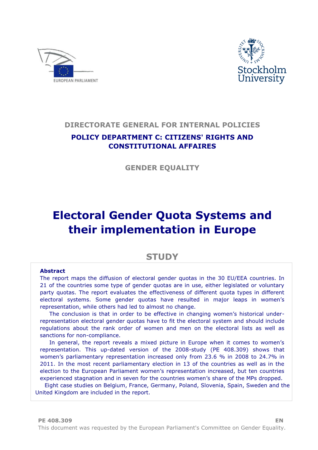 Electoral Gender Quota Systems and Their Implementation in Europe