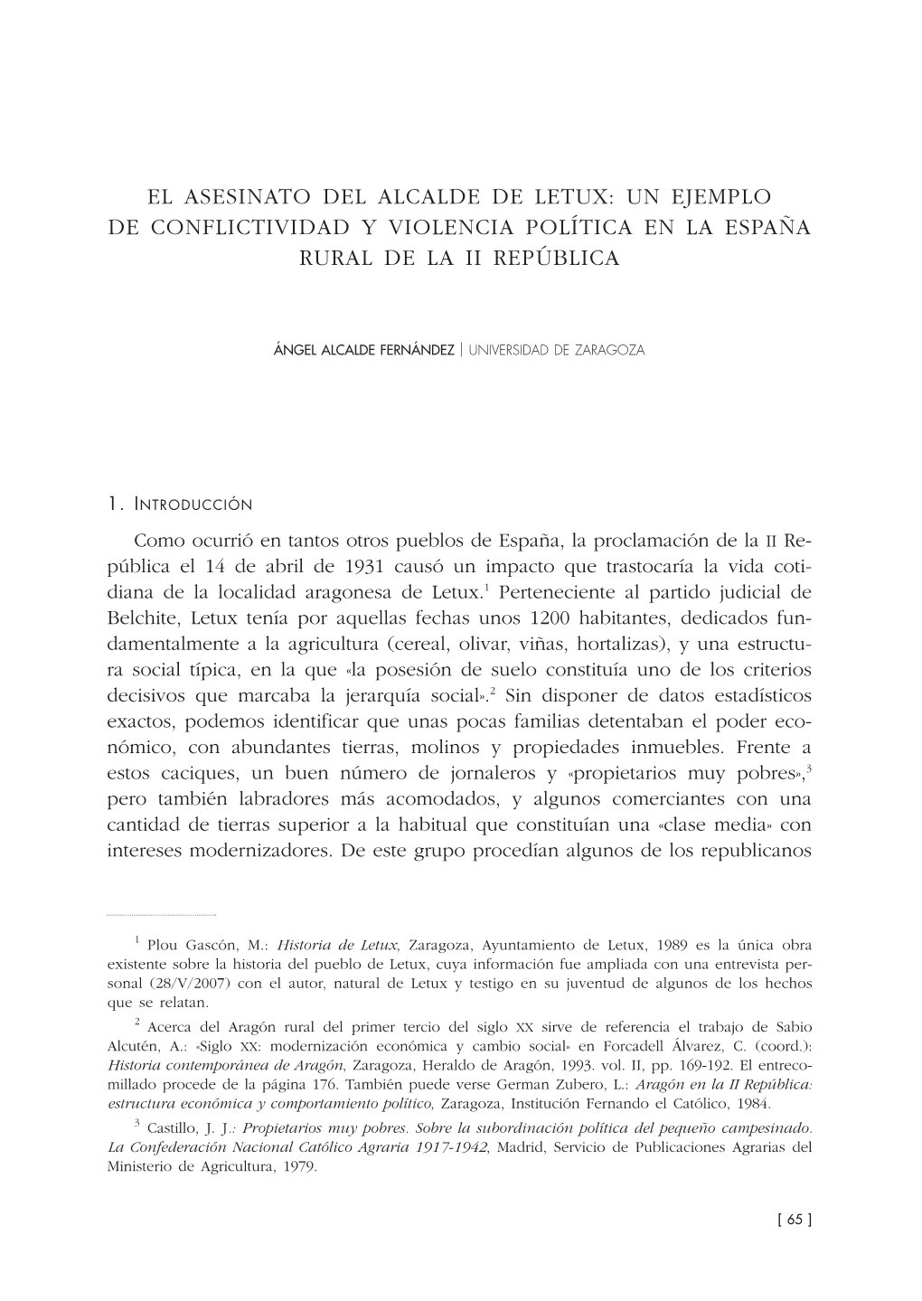 El Asesinato Del Alcalde De Letux: Un Ejemplo De Conflictividad Y Violencia Política En La España Rural De La Ii República