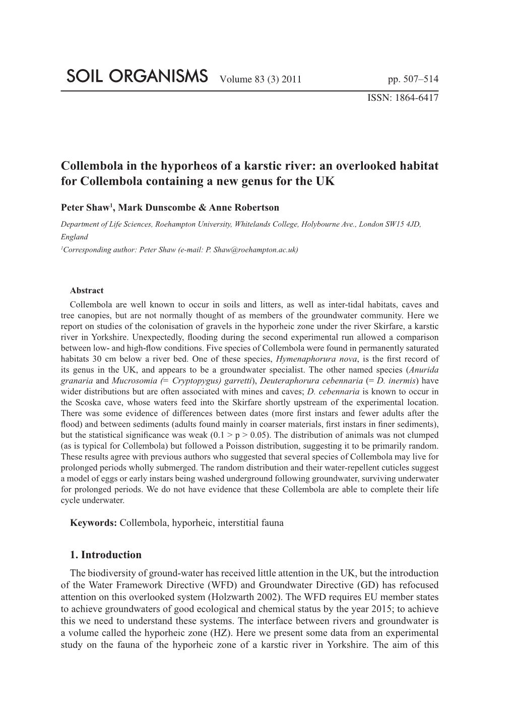 Collembola in the Hyporheos of a Karstic River: an Overlooked Habitat for Collembola Containing a New Genus for the UK