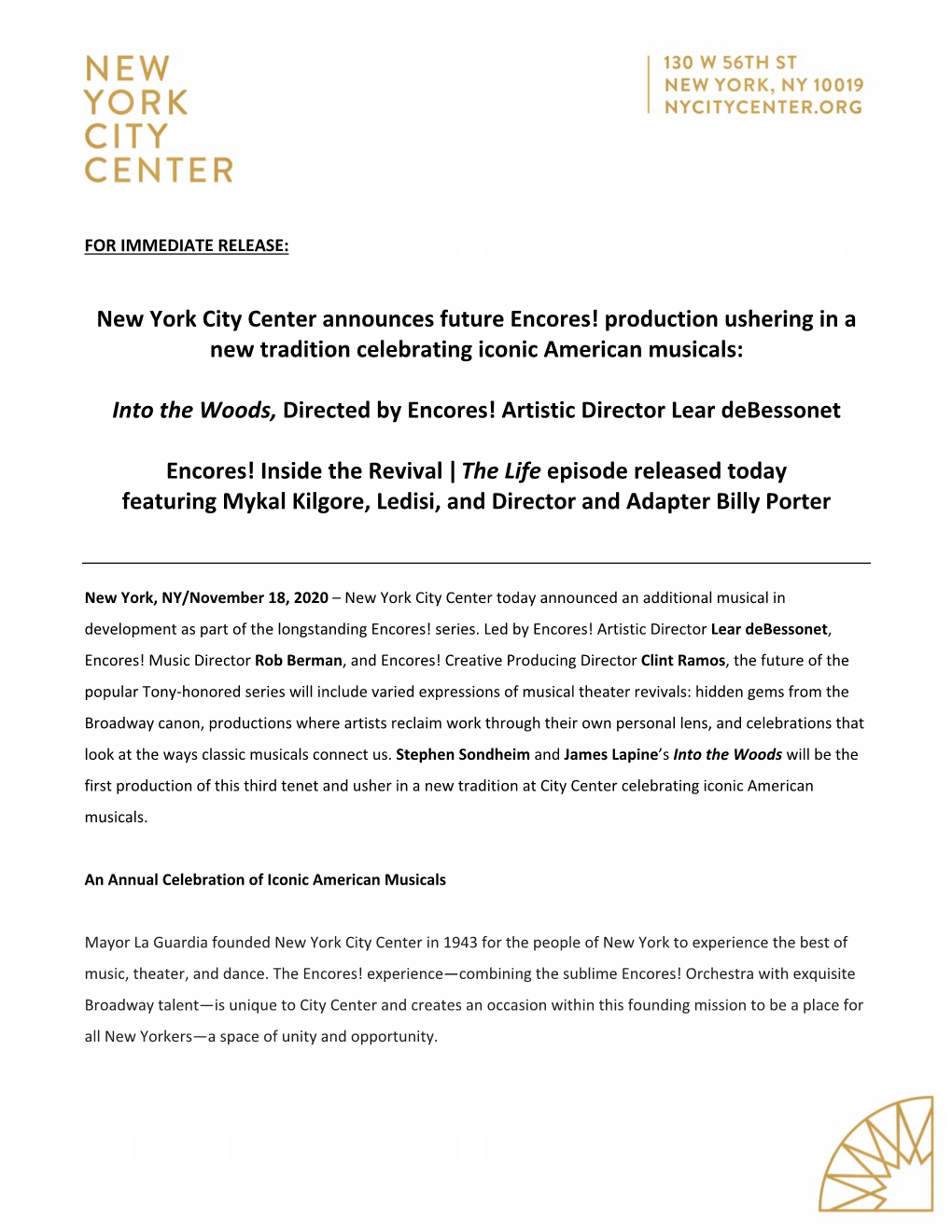 New York City Center Announces Future Encores! Production Ushering in a New Tradition Celebrating Iconic American Musicals