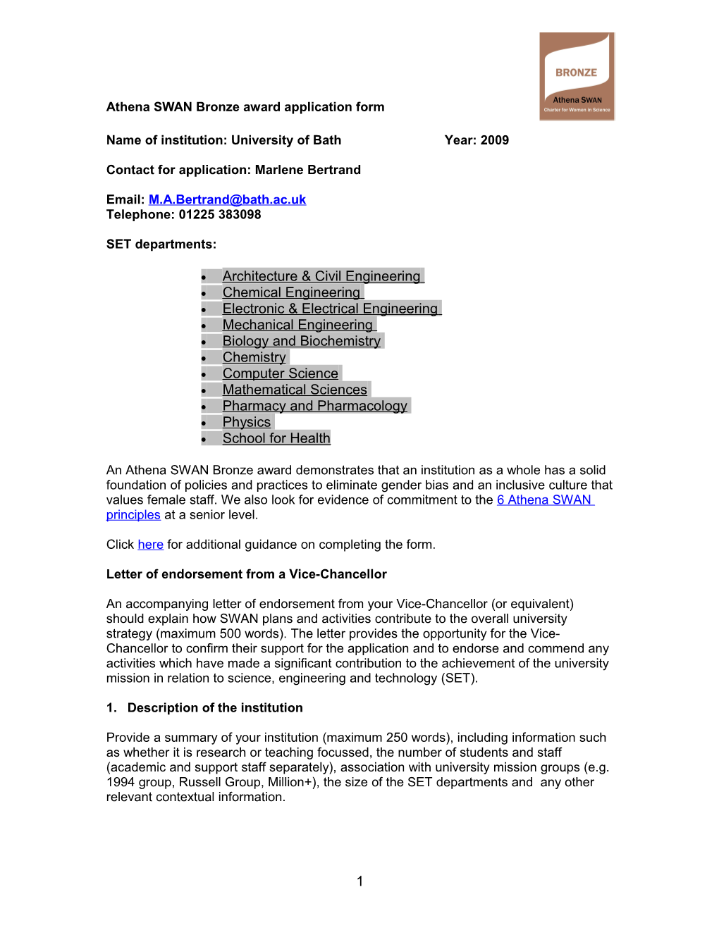 Athena SWAN Bronze Award Application Form