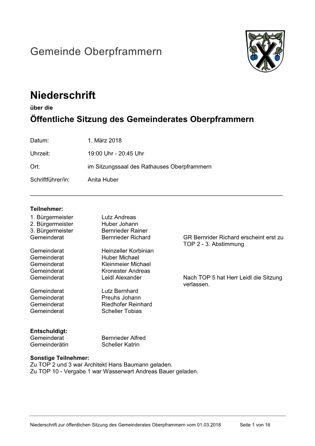 Gemeinde Oberpframmern Niederschrift