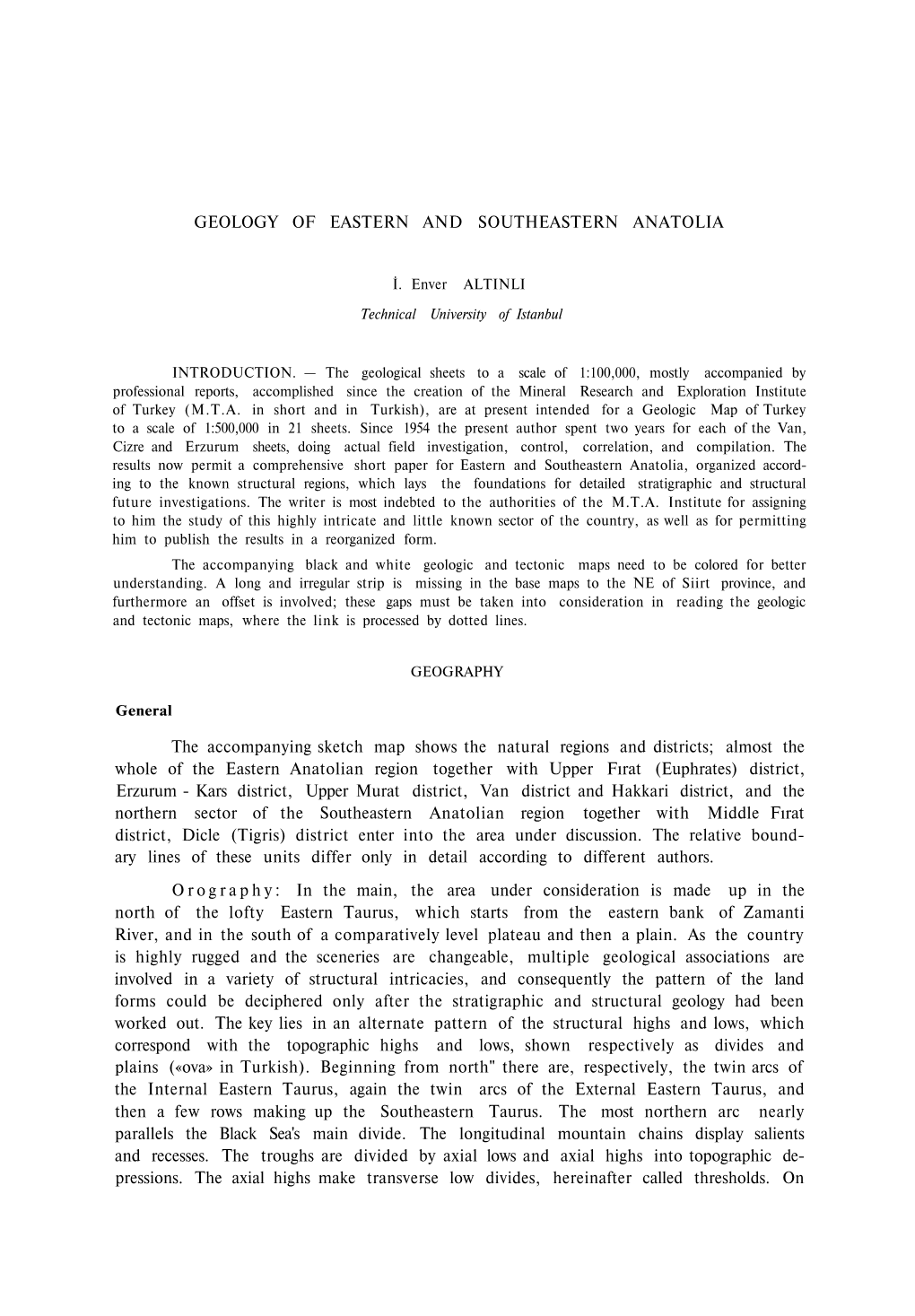 Geology of Eastern and Southeastern Anatolia