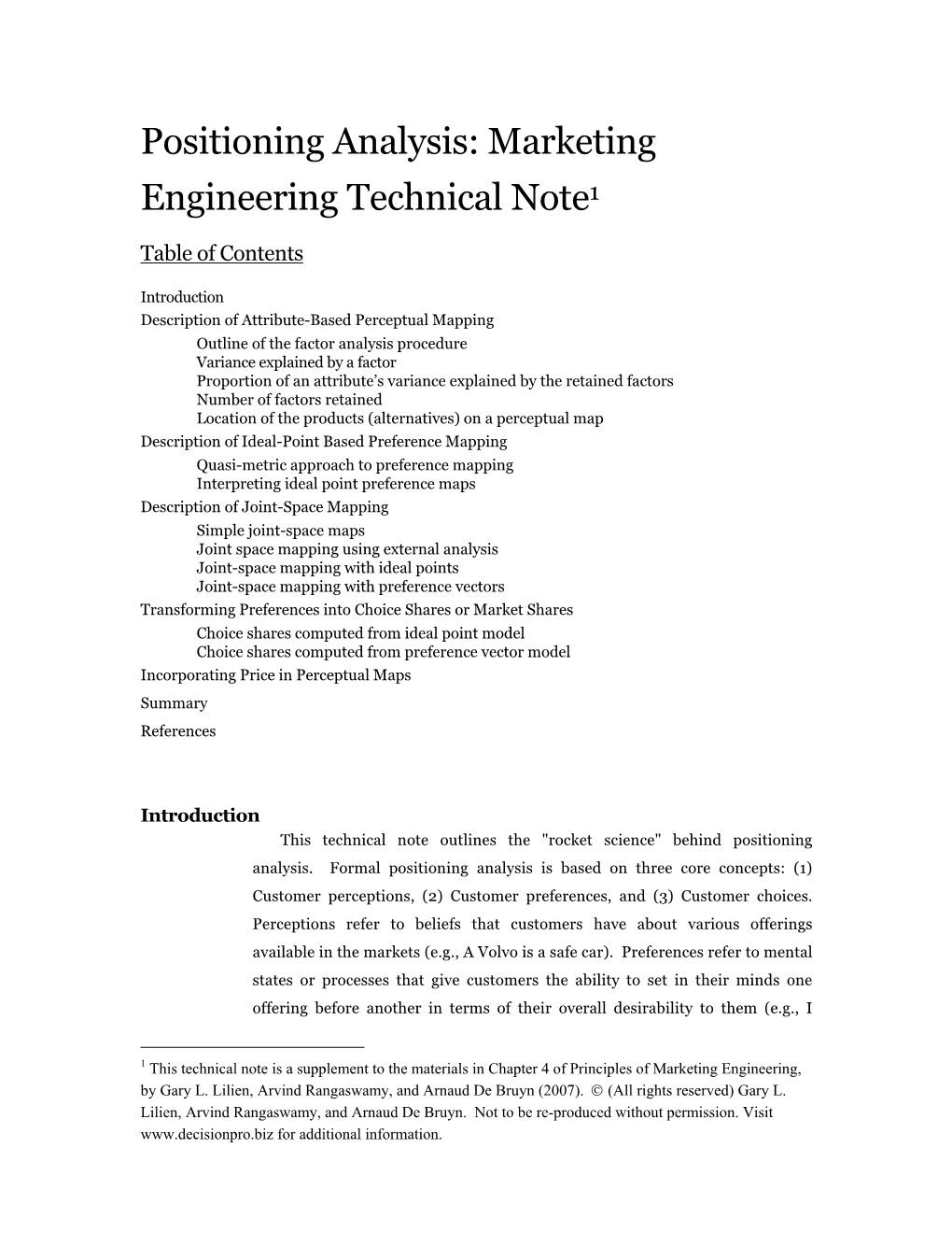 Positioning Analysis: Marketing Engineering Technical Note1