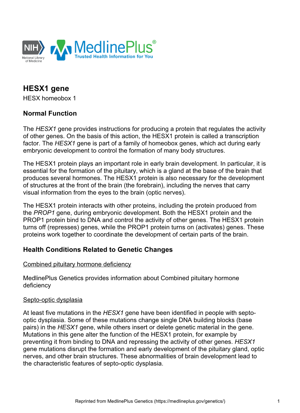 HESX1 Gene HESX Homeobox 1