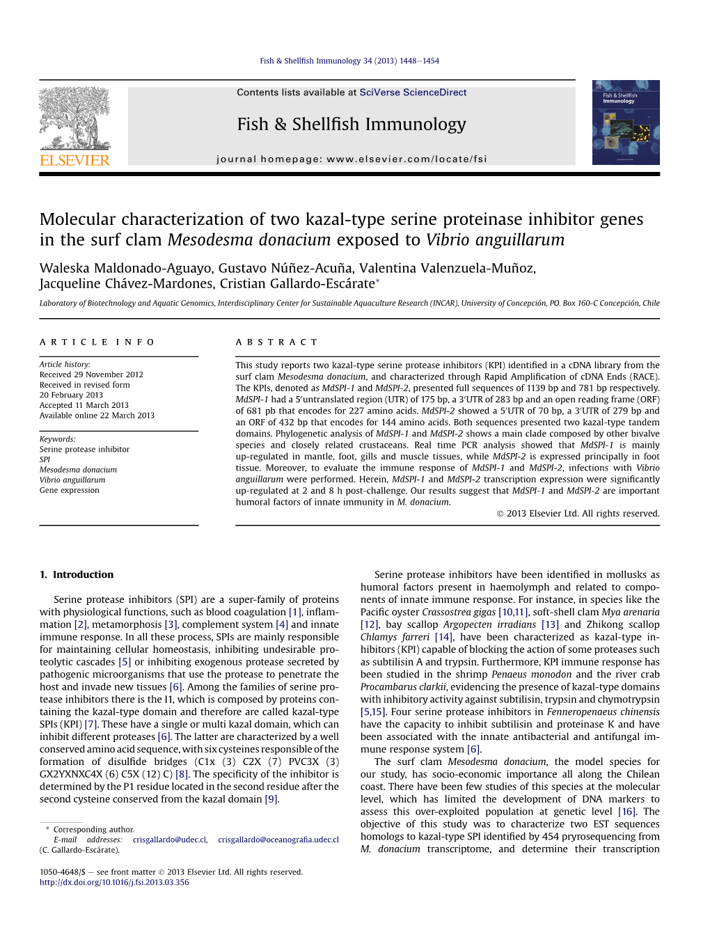 Molecular Characterization of Two Kazal-Type Serine Proteinase Inhibitor Genes In&Nbsp;The Surf Clam Mesodesma Donacium Expo