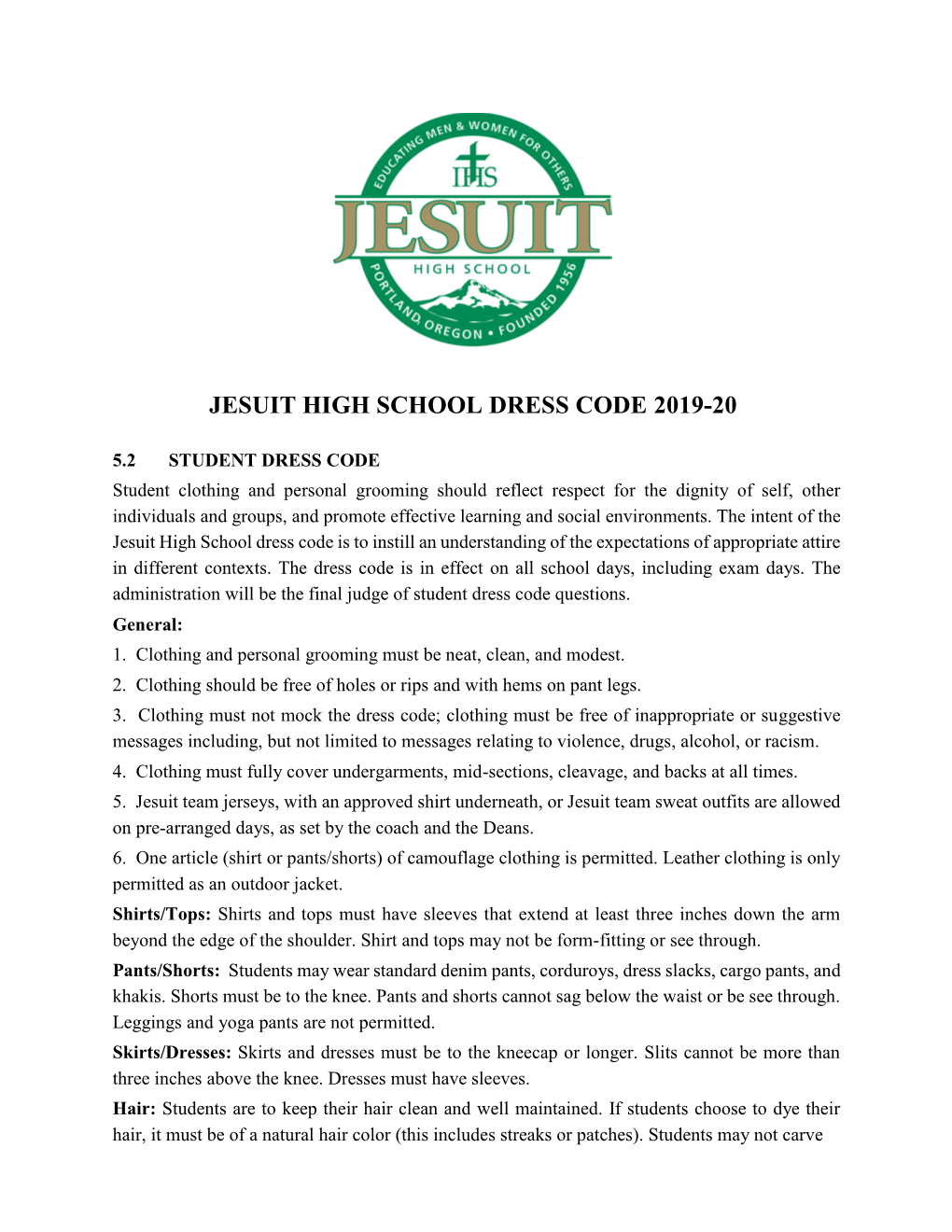 Jesuit High School Dress Code 2019-20