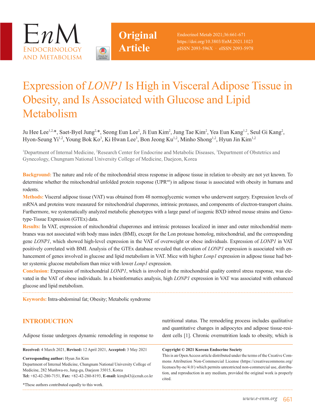 Expression of LONP1 Is High in Visceral Adipose Tissue in Obesity, and Is Associated with Glucose and Lipid Metabolism