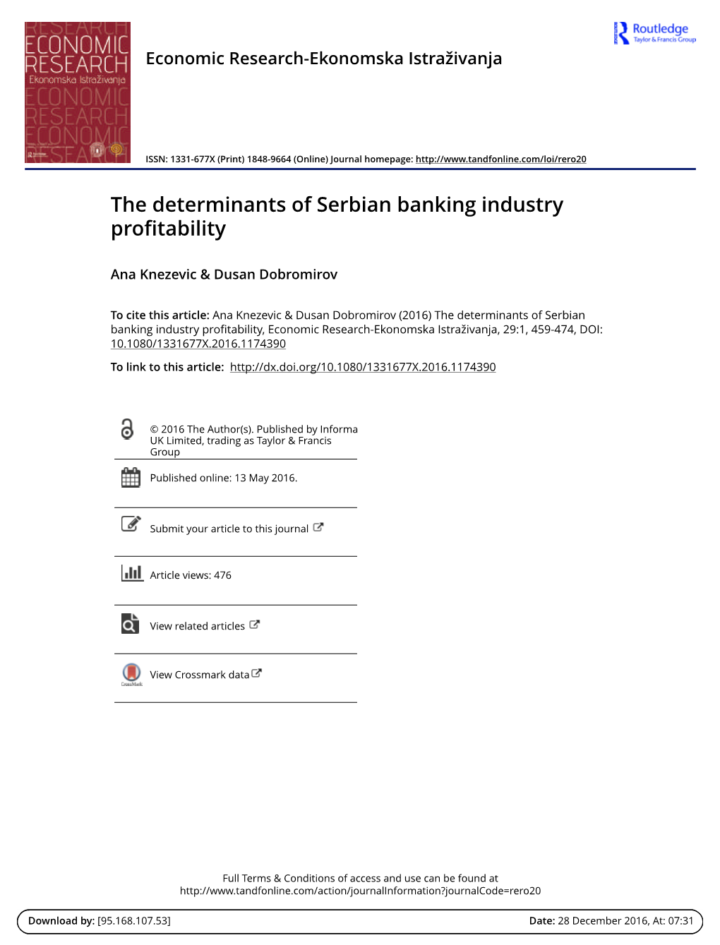 The Determinants of Serbian Banking Industry Profitability