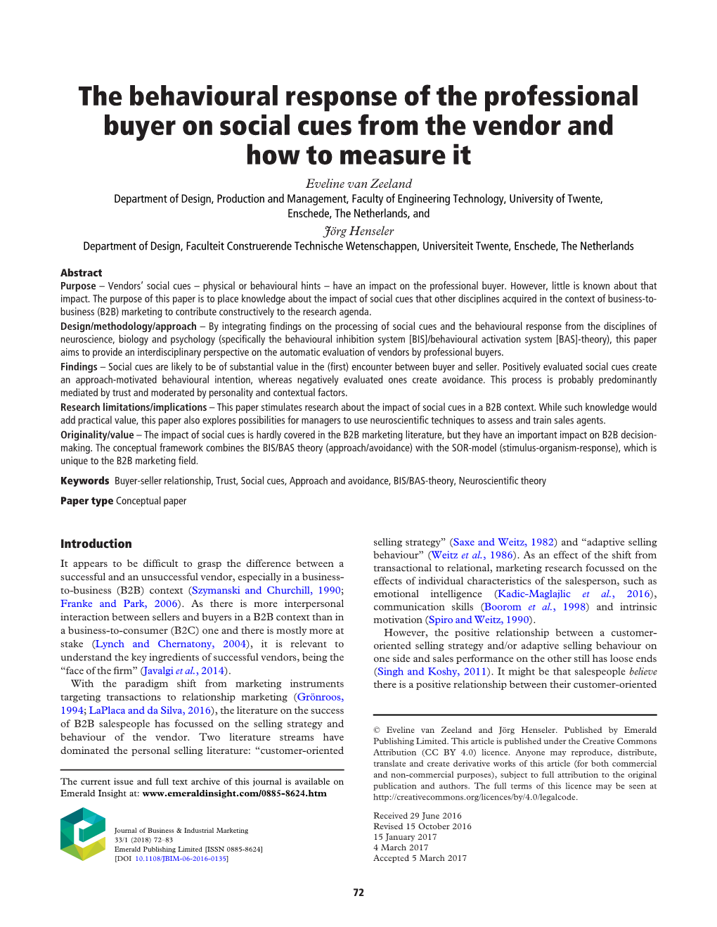 The Behavioural Response of the Professional Buyer on Social Cues from the Vendor and How to Measure It