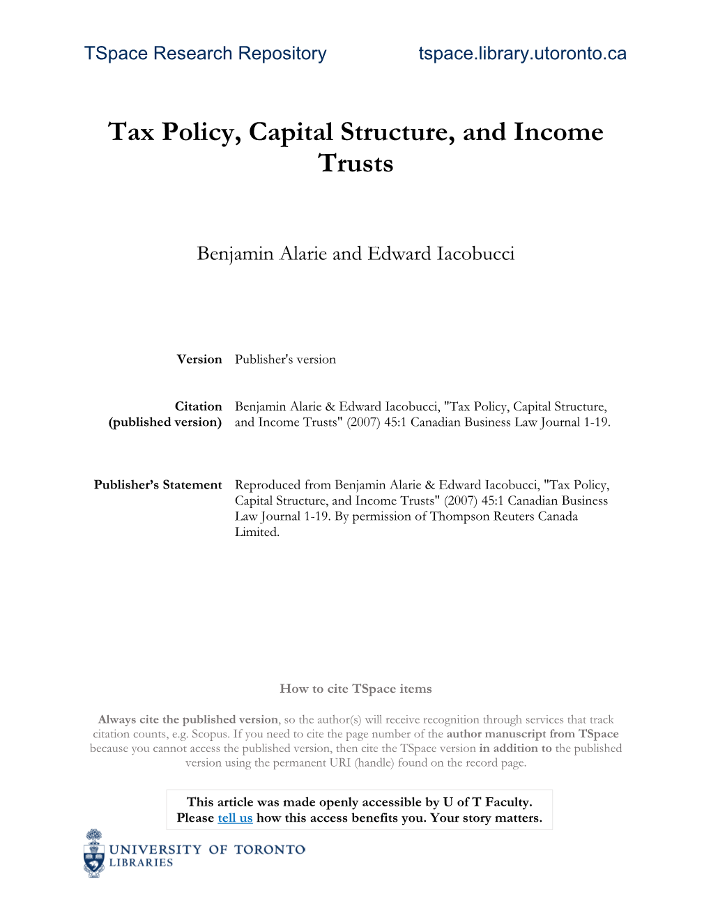 Tax Policy, Capital Structure, and Income Trusts