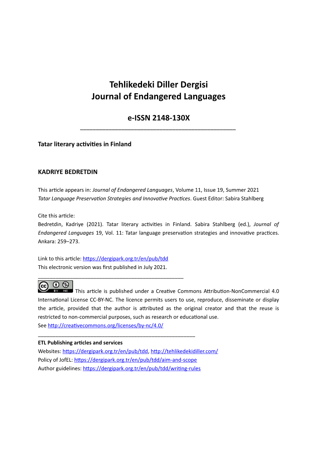 Tehlikedeki Diller Dergisi Journal of Endangered Languages 2021 Vol