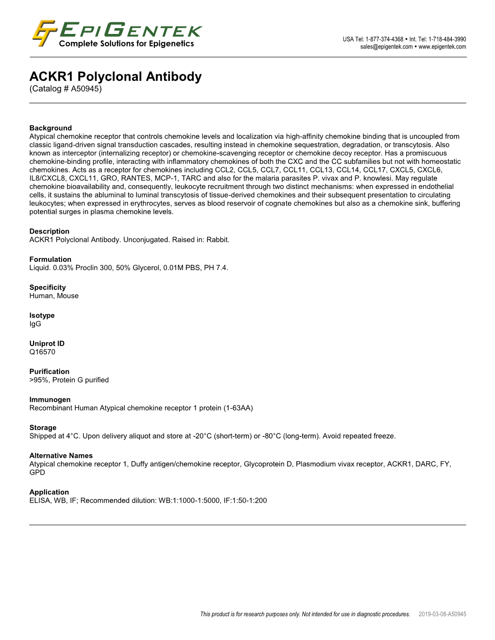 ACKR1 Polyclonal Antibody (Catalog # A50945)