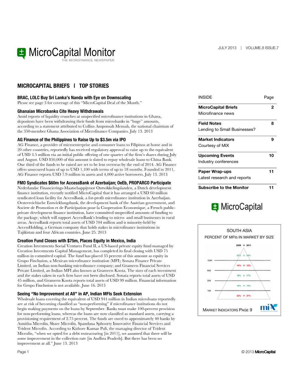 Microcapital Monitor JULY 2013 | VOLUME.8 ISSUE.7 the MICROFINANCE NEWSPAPER