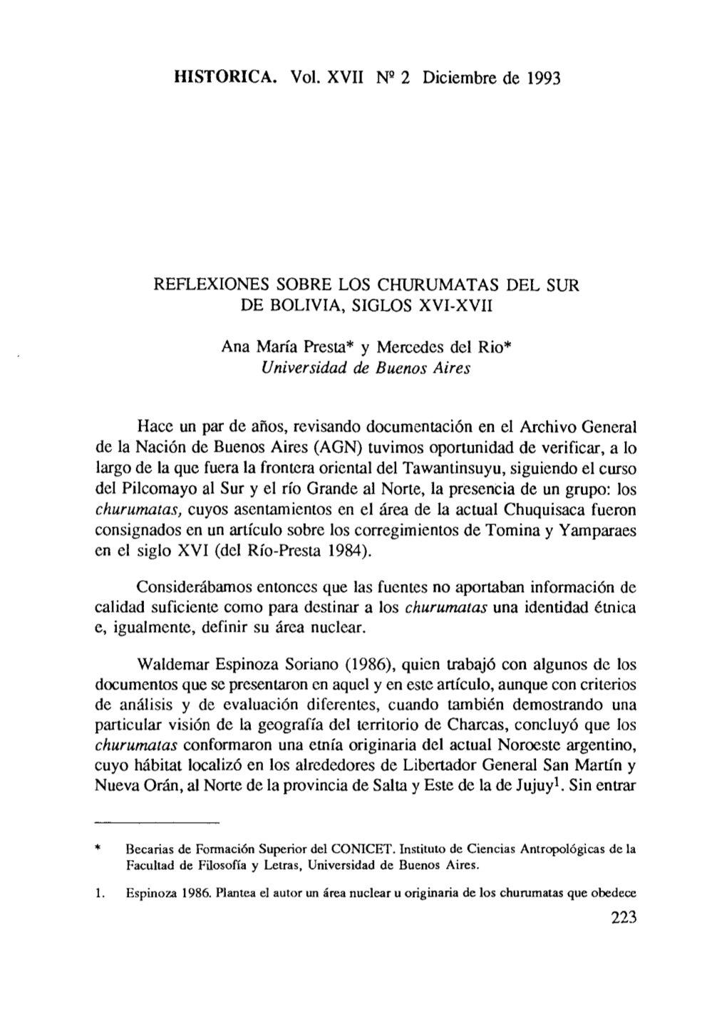 HISTORICA. Vol. XVII Nº 2 Diciembre De 1993 REFLEXIONES SOBRE