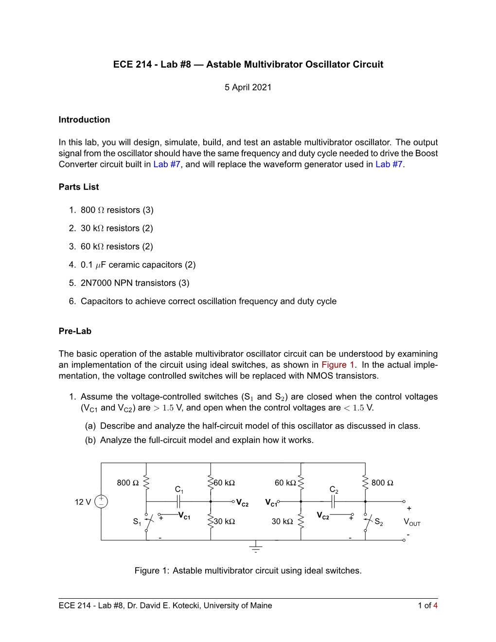 ECE 214 Lab #8 — Astable Multivibrator Oscillator Circuit