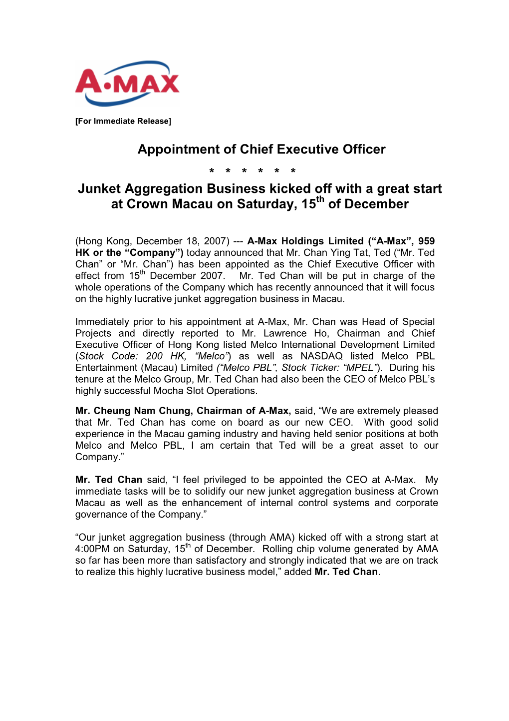 Appointment of Chief Executive Officer