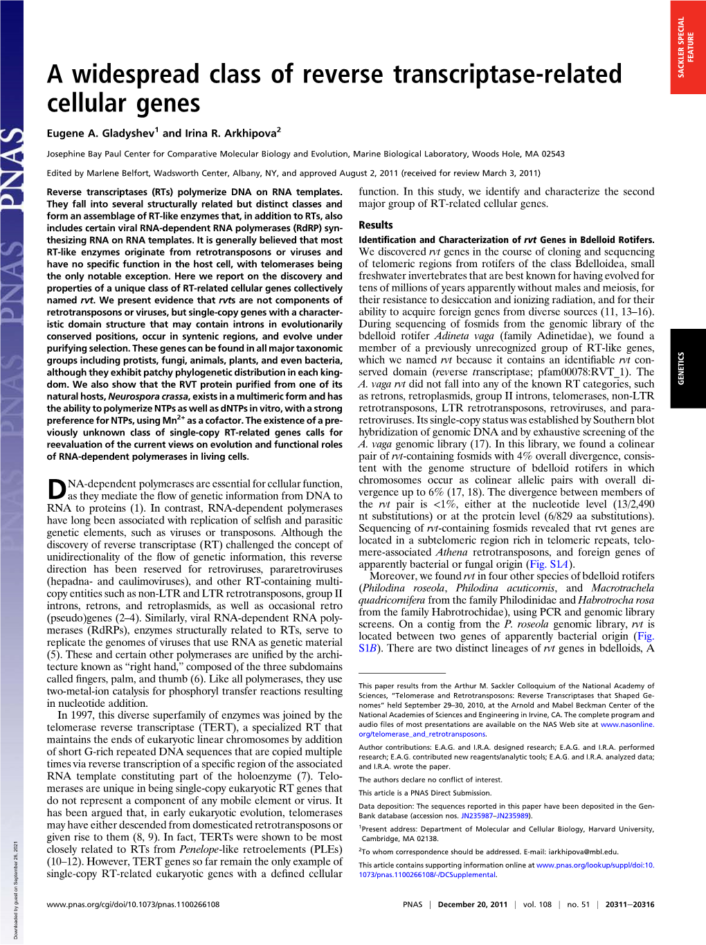 A Widespread Class of Reverse Transcriptase-Related Cellular Genes