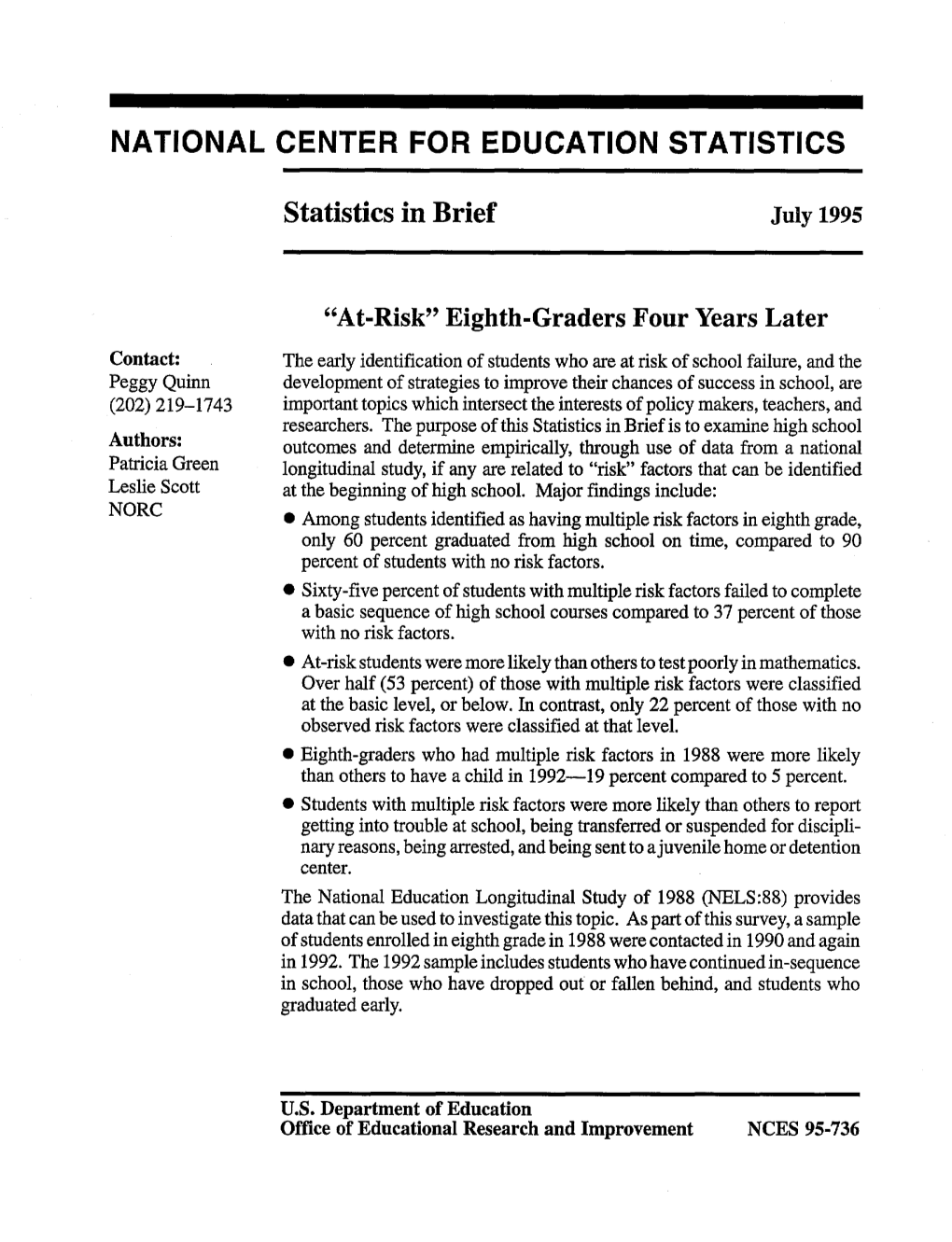 Statistics in Brief: "At-Risk" Eighth-Graders Four Years Later