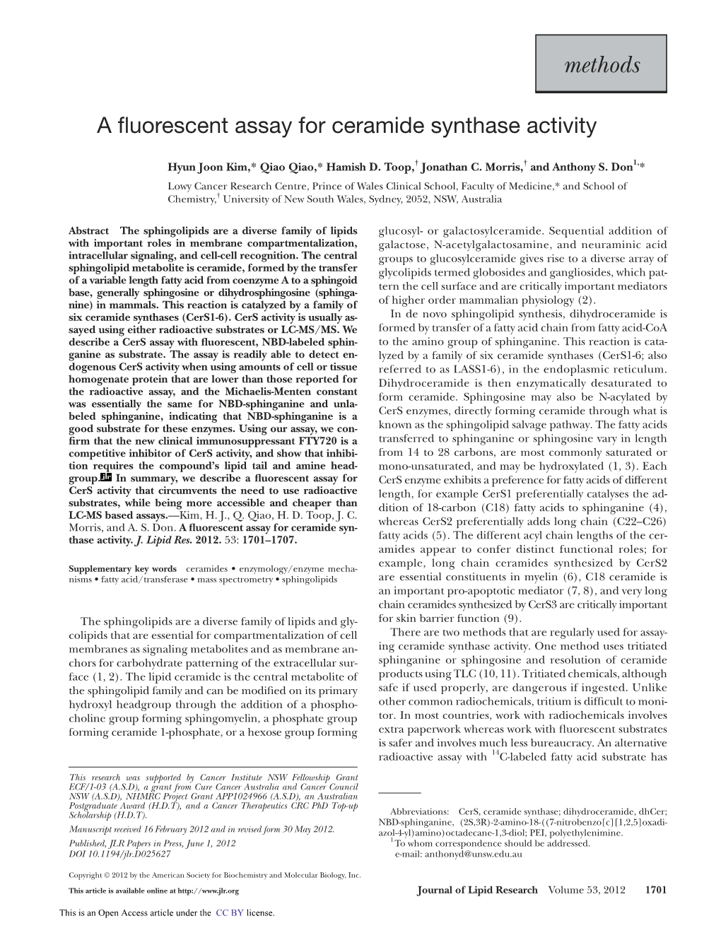 A Fluorescent Assay for Ceramide Synthase Activity