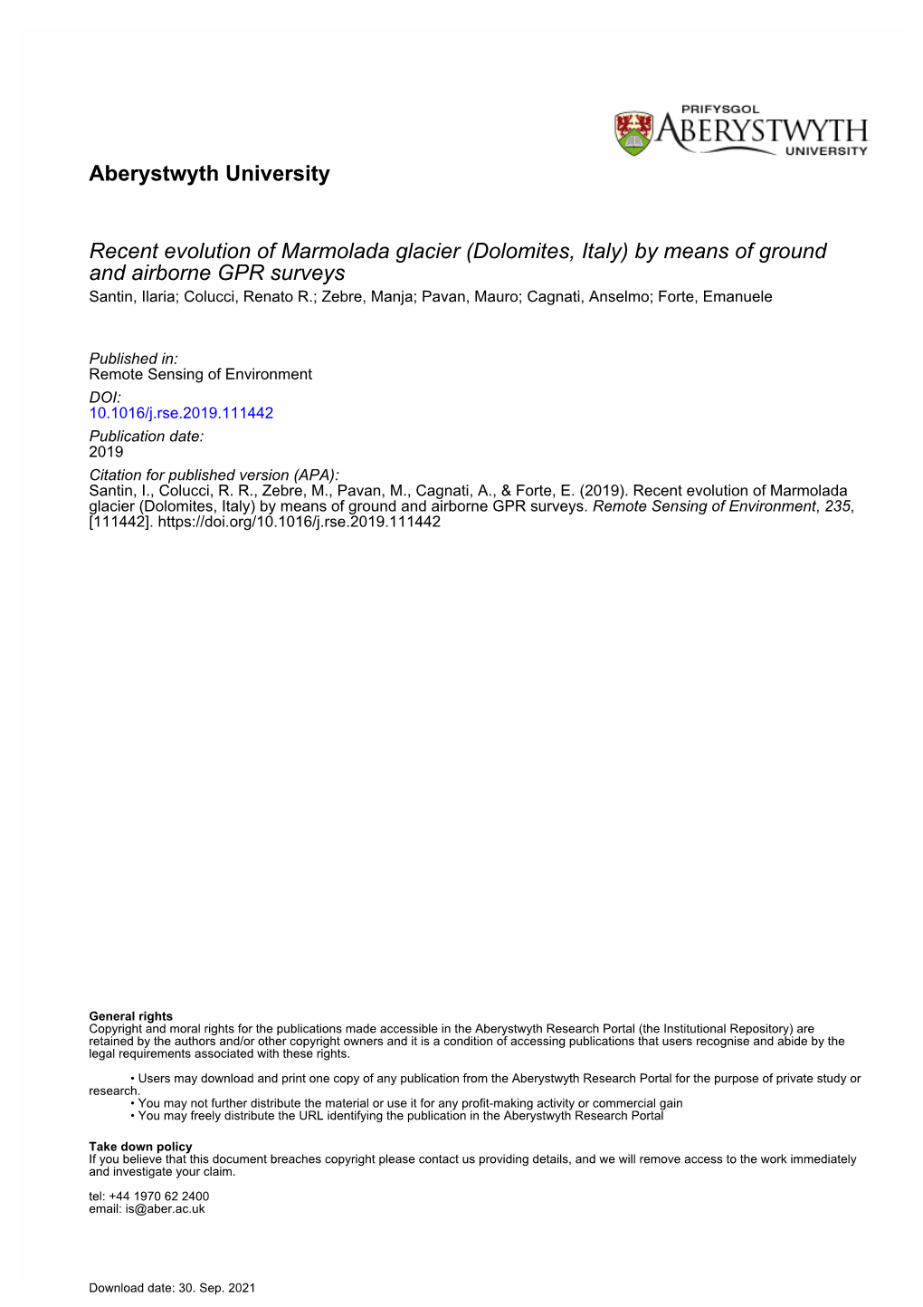 (Dolomites, Italy) by Means of Ground and Airborne GPR Surveys Santin, Ilaria; Colucci, Renato R.; Zebre, Manja; Pavan, Mauro; Cagnati, Anselmo; Forte, Emanuele