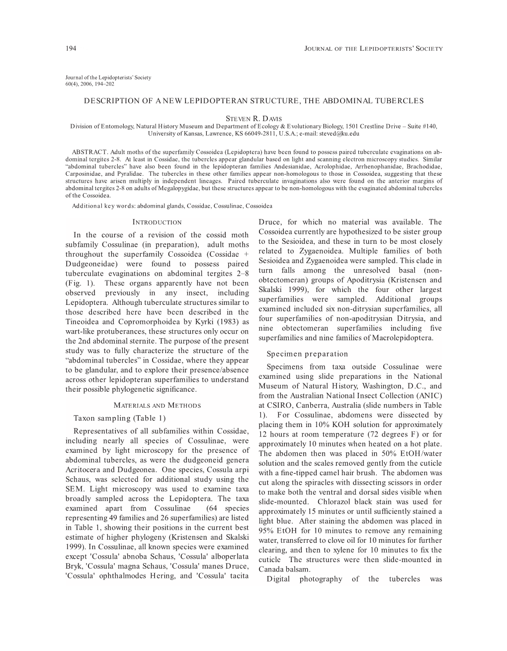 Description of a New Lepidopteran Structure, the Abdominal Tubercles