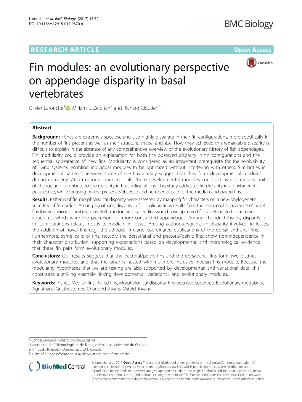 An Evolutionary Perspective on Appendage Disparity in Basal Vertebrates Olivier Larouche1 , Miriam L