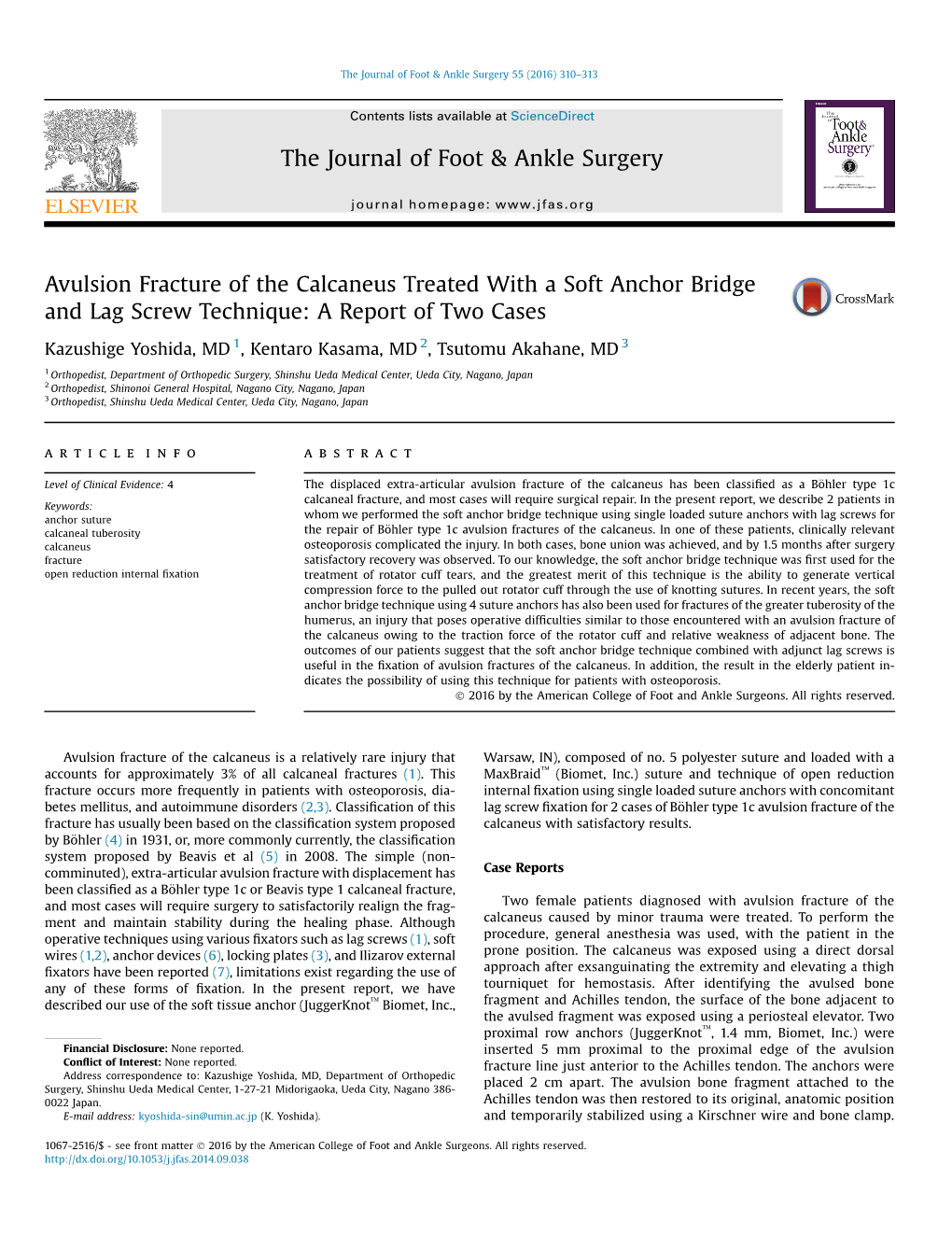 Avulsion Fracture of the Calcaneus Treated with a Soft Anchor Bridge and Lag Screw Technique: a Report of Two Cases