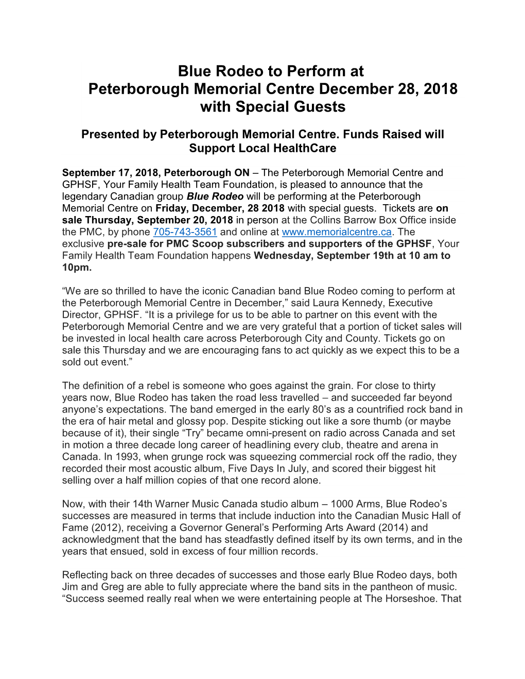 Blue Rodeo to Perform at Peterborough Memorial Centre December 28, 2018 with Special Guests